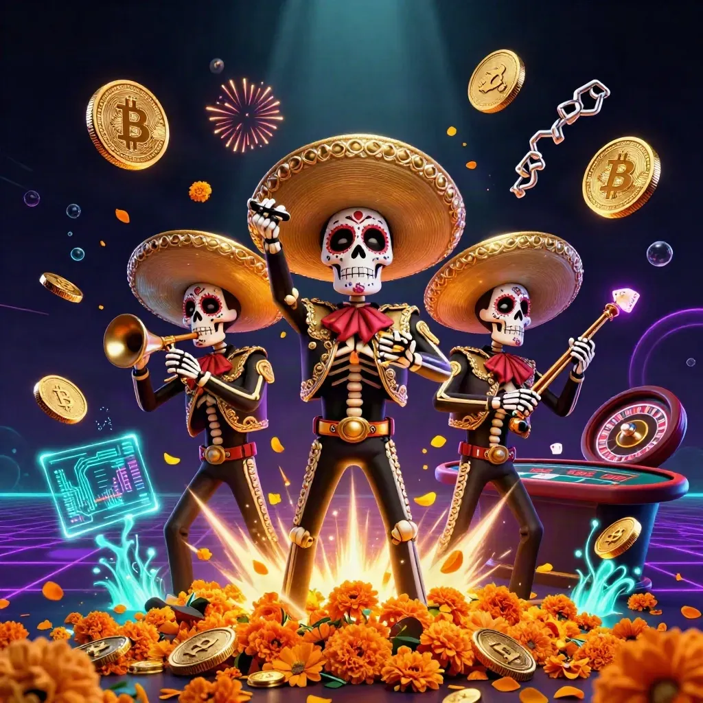 Skeleton mariachi trio amid vault burst, coins, roulette wheel, neon casino glow