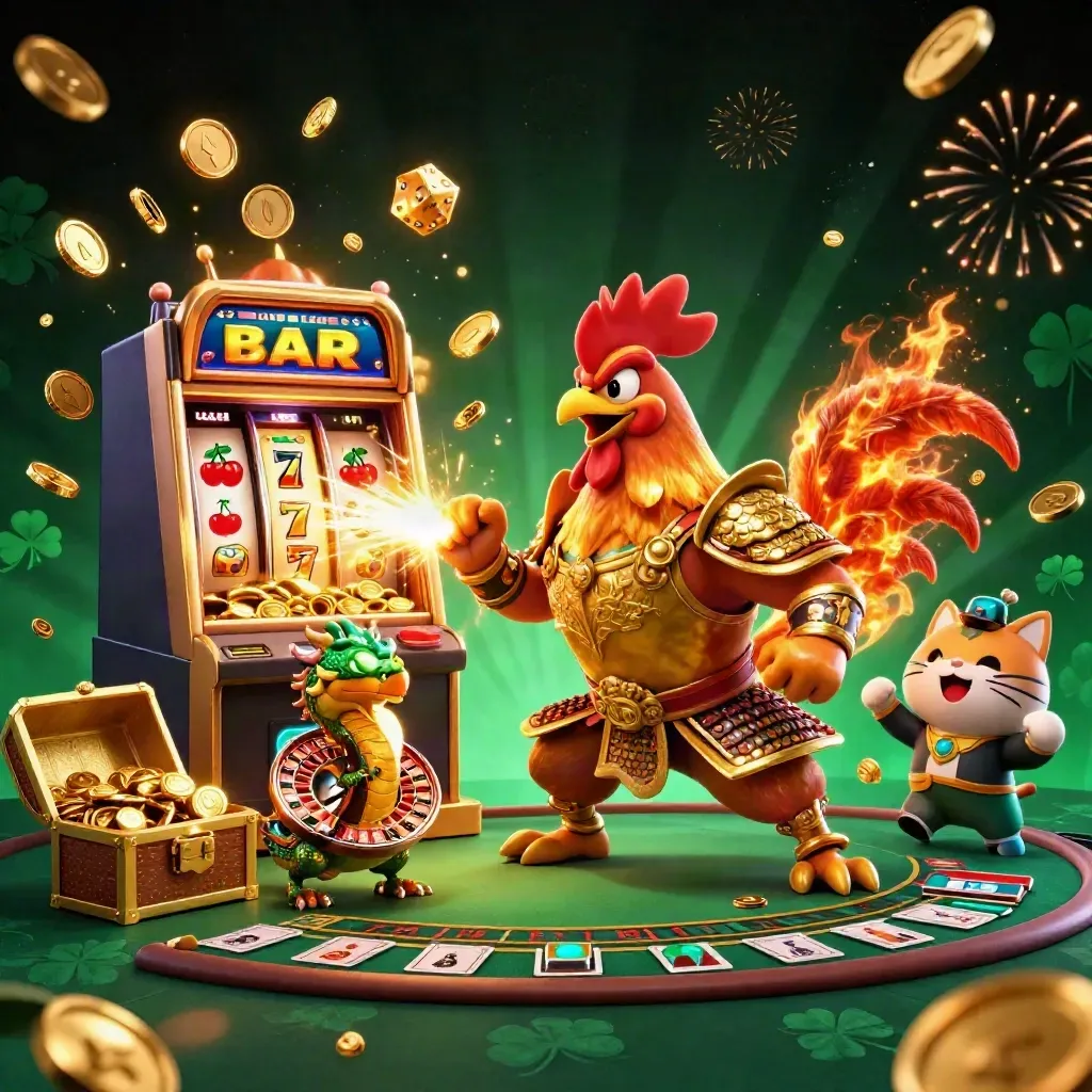 Rooster warrior, dragon hatchling, and fortune cat amid casino treasure, slots, and fireworks.