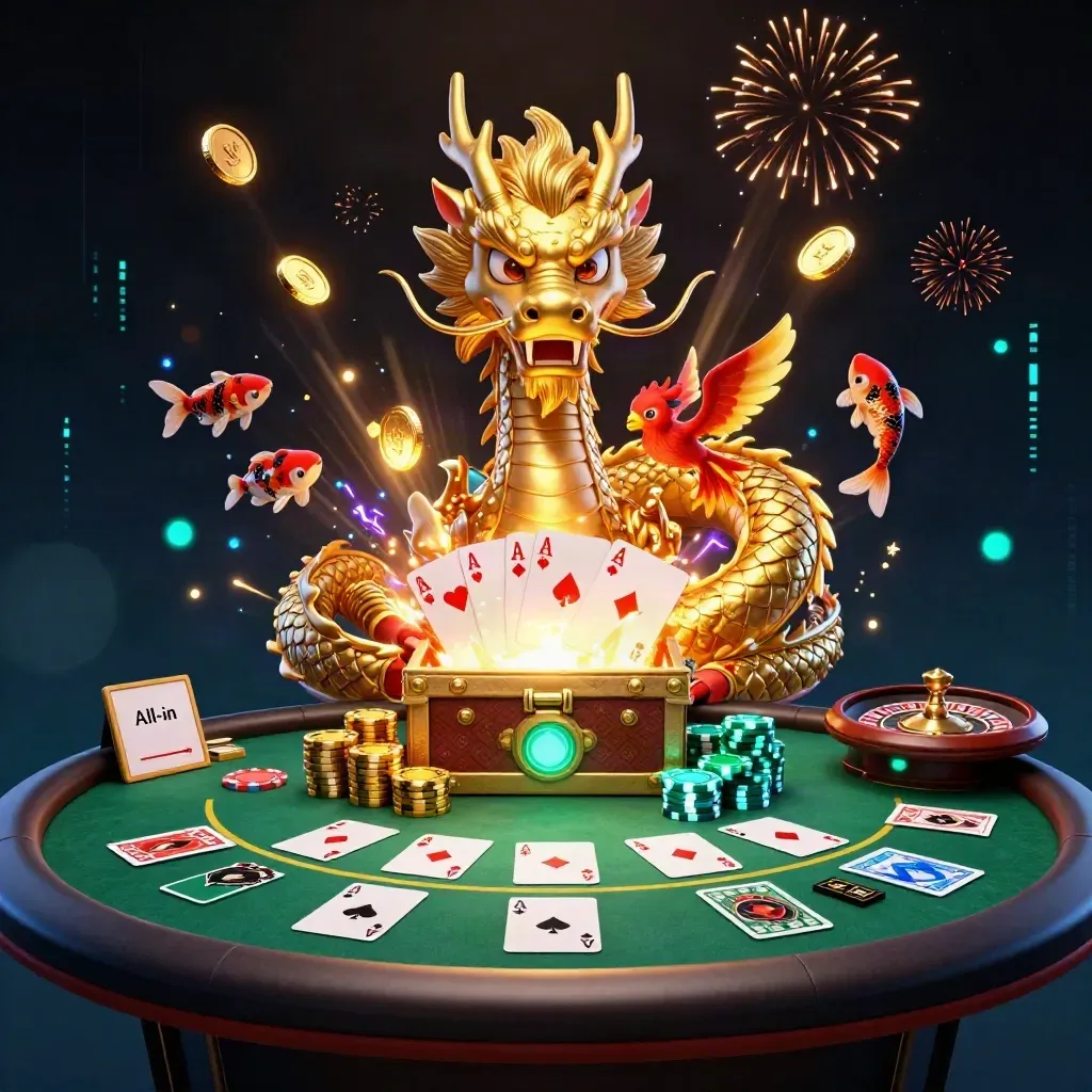 Golden dragon, phoenix and koi amid casino chips, cards, coins and neon casino magic
