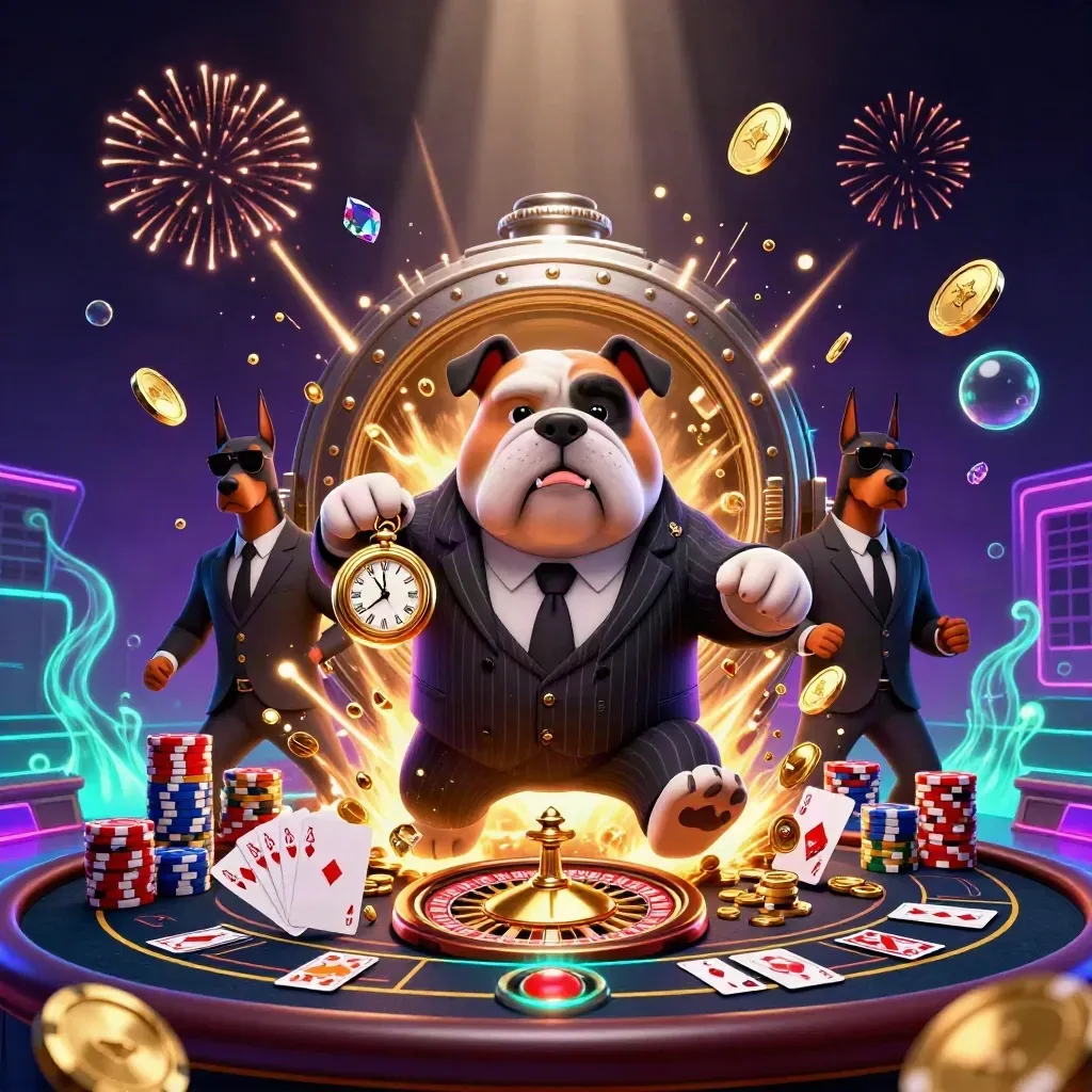 Cartoon bulldog boss with two Dobermans amid coins, chips, cards, roulette wheel, and fireworks