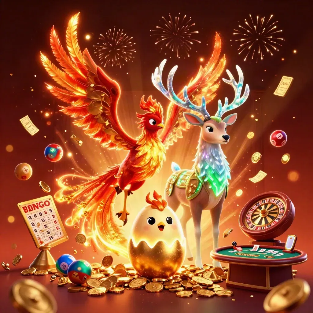 Phoenix, baby phoenix, stag, coins, roulette wheel, jackpot burst, glowing casino celebration