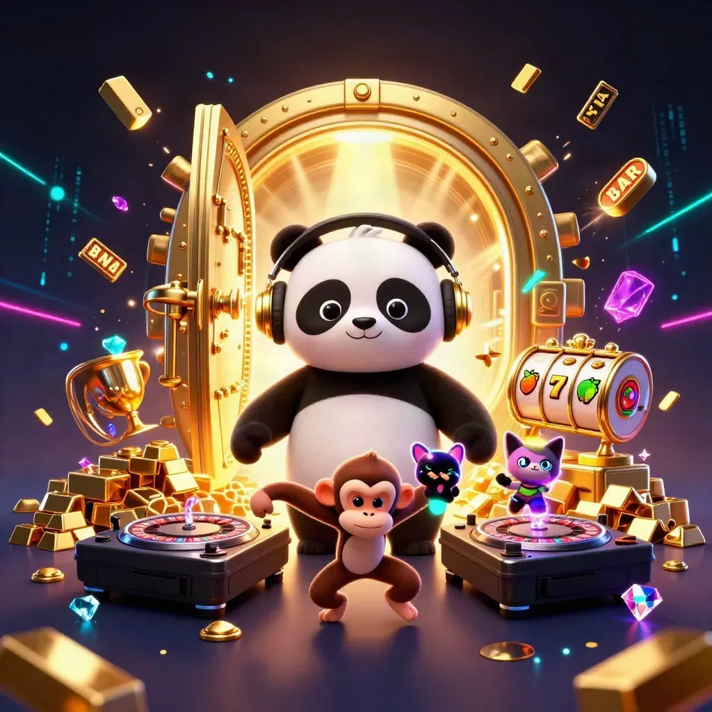DJ panda, monkey, and kitten amid vault gold, roulette wheels, and neon casino effects.