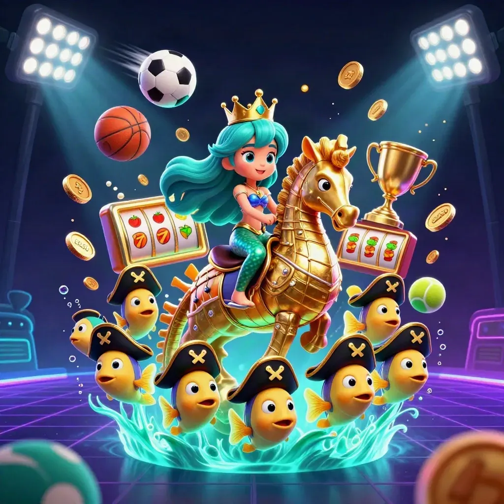 Mermaid princess rides armored seahorse amid coins, balls, fish, and casino effects