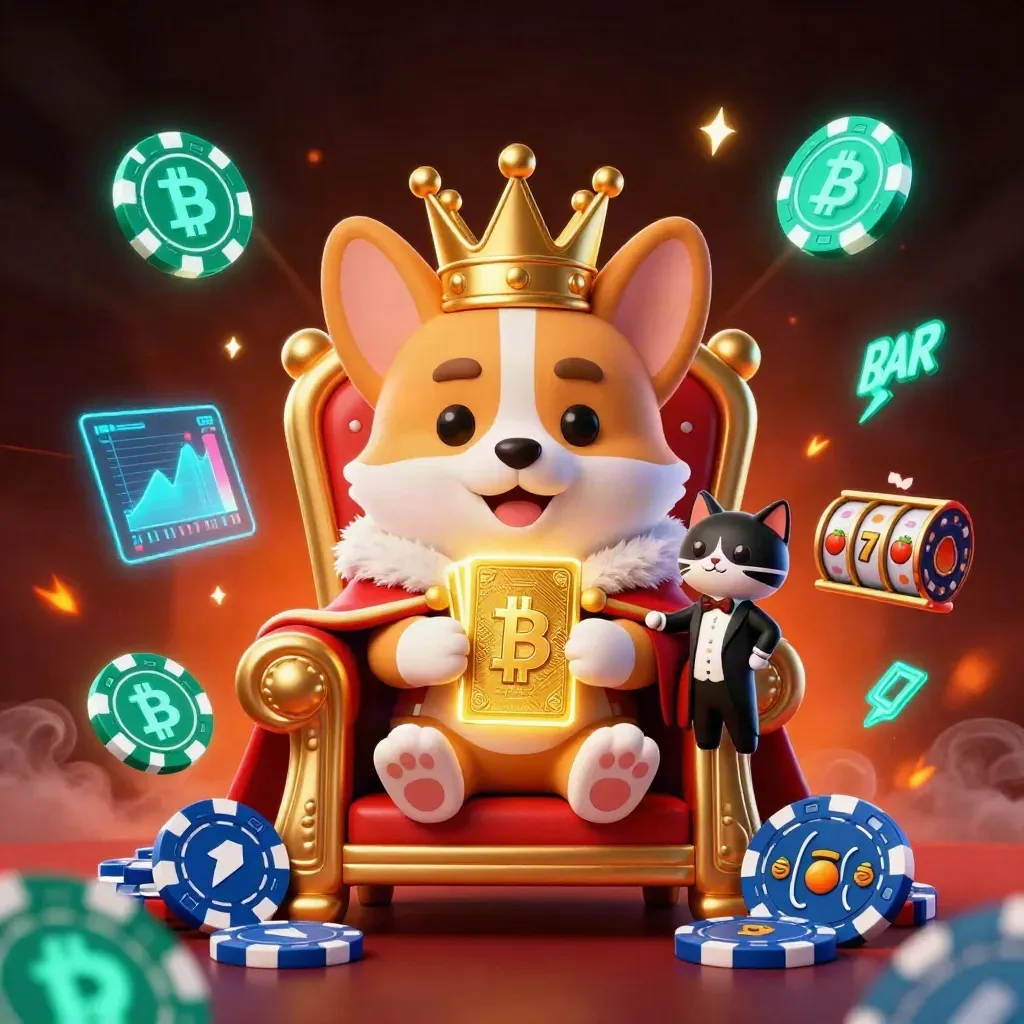 Royal corgi and cat butler on poker-chip throne with neon casino icons and slot reels