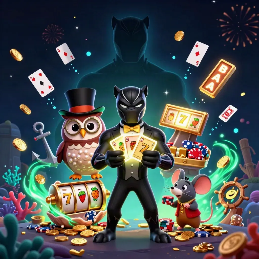 Panther, owl, and mouse casino heroes amid gold, coral, cards, and cyan treasure glow.