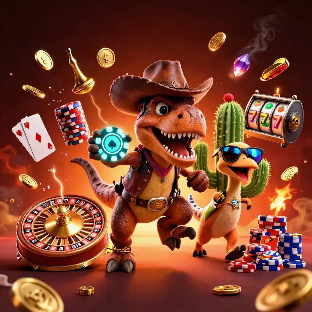 Cowboy T-Rex, cactus pal, and sheriff roadrunner explode through casino coins and reels.