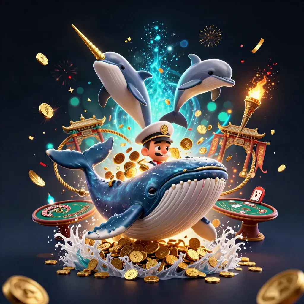 Whale, narwhal and dolphins in a neon casino burst with coins, cards, fireworks and cyan glow.