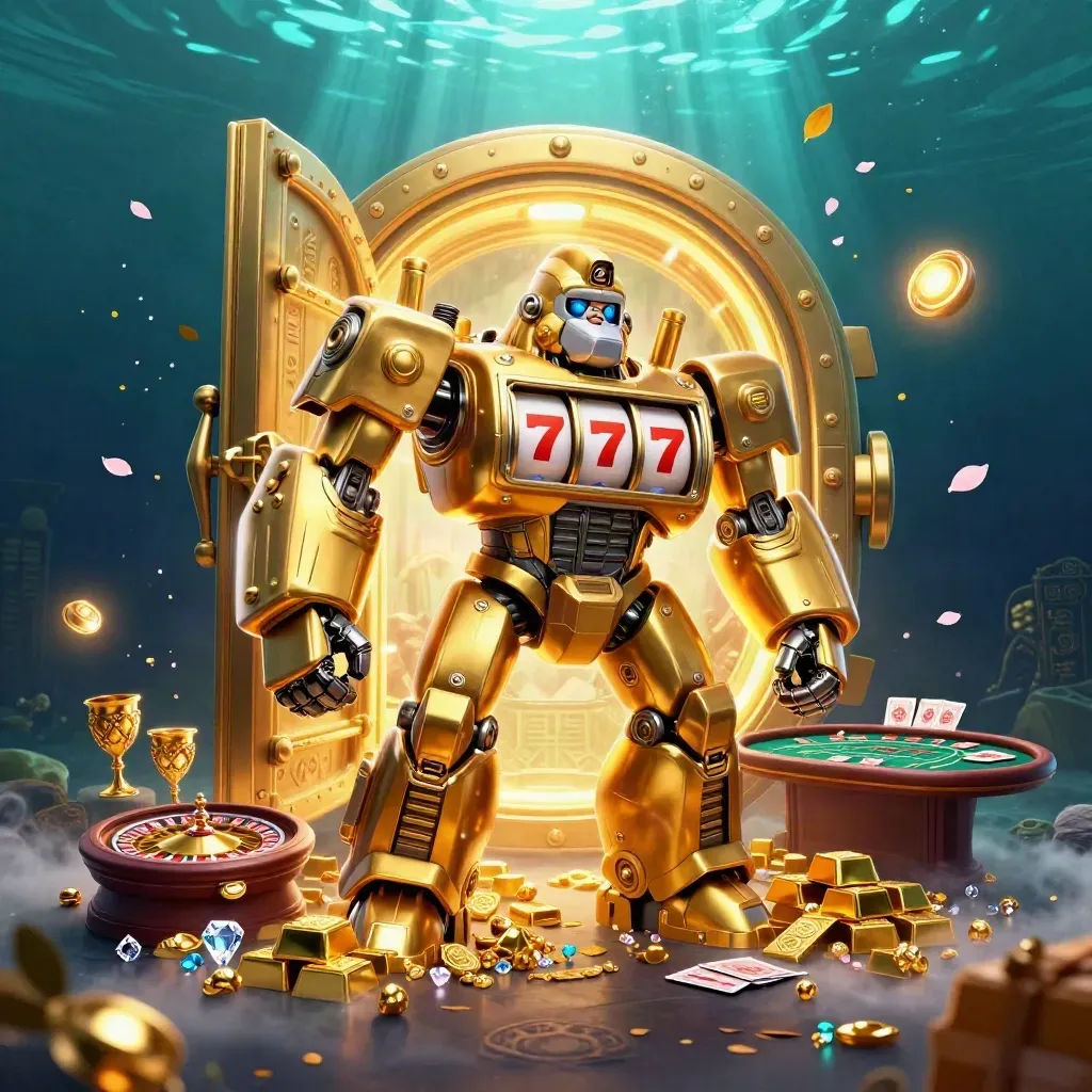 Golden gorilla slot-mech with tiny monkey pilot amid treasure, cards, and neon casino lights.