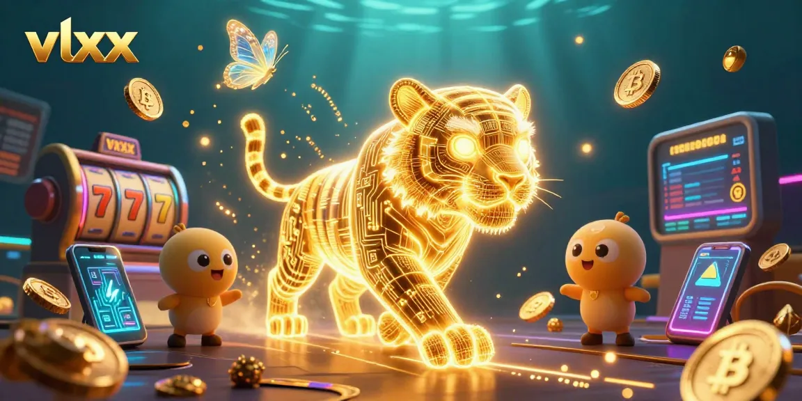 Engage with vlxx in a vibrant digital casino filled with shimmering slot reels and cryptocurrency elements.