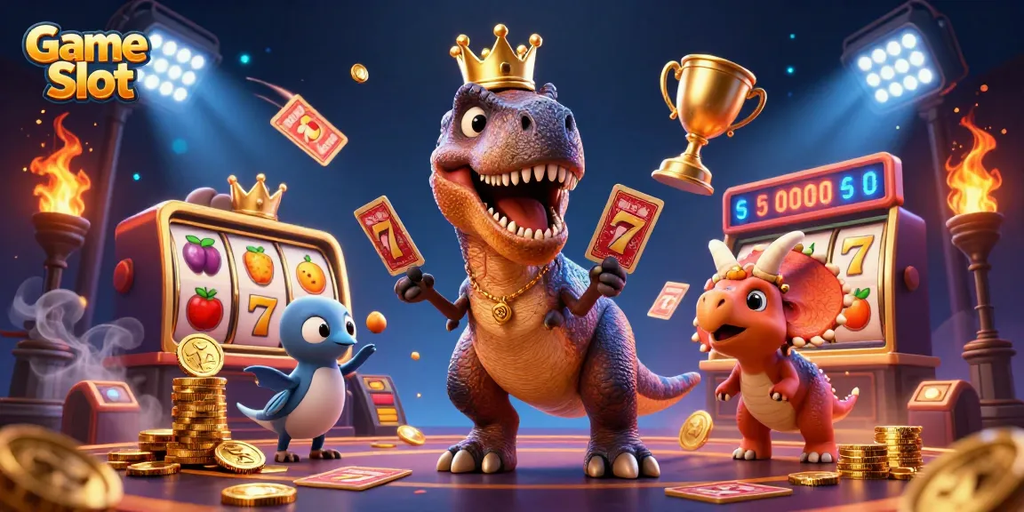 Spin the Game Slot with a fun dinosaur and casino elements for thrilling action