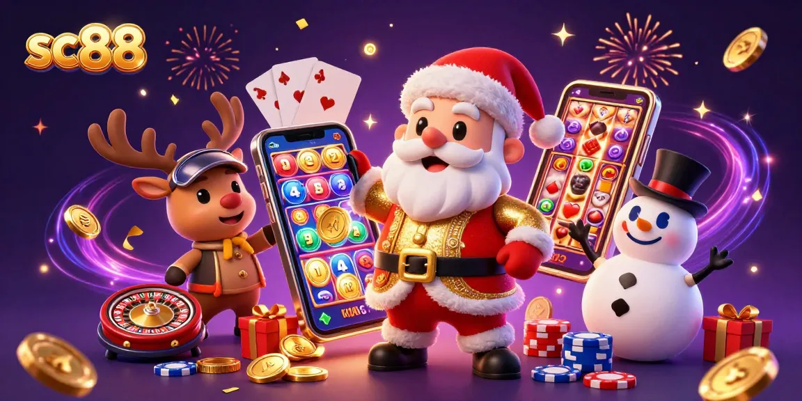 Win big with SC88, a festive scene featuring Santa and friends celebrating casino gameplay with vibrant slot graphics.