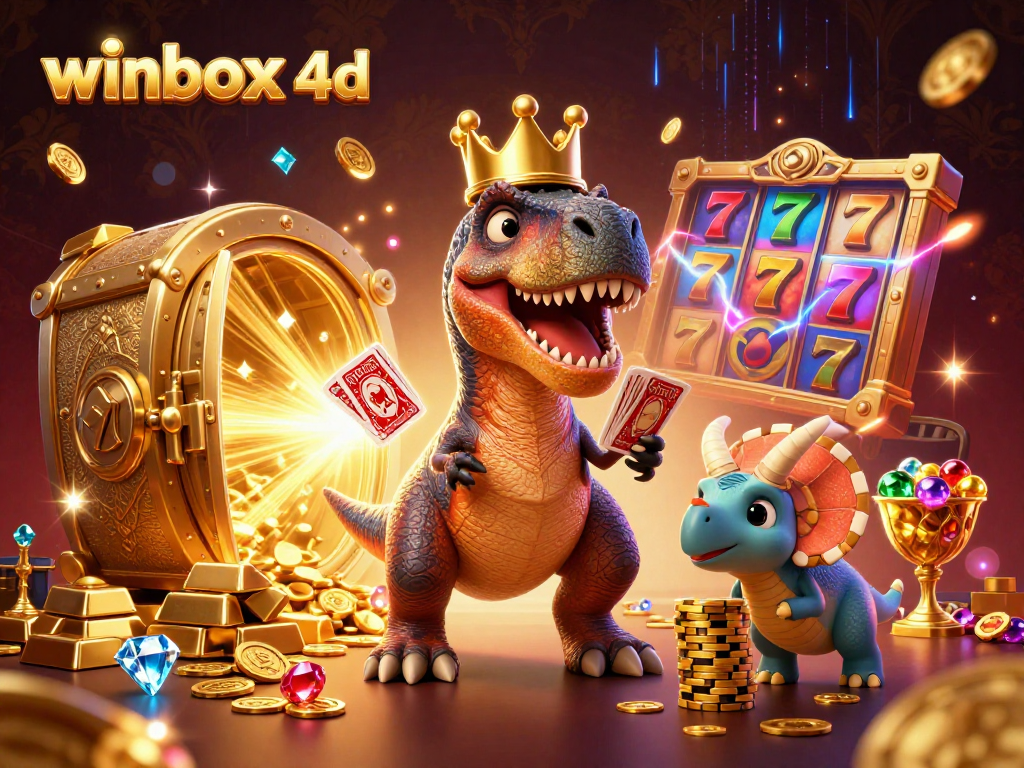 Winbox 4D brings excitement with a playful T-Rex shuffling cards and a triceratops stacking chips.