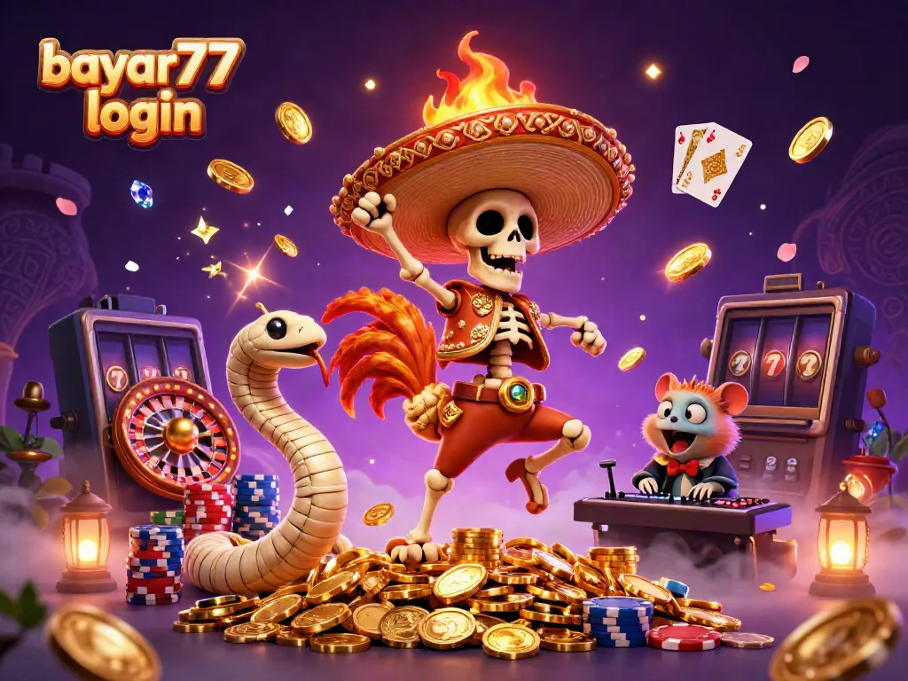 Experience the vibrant scene of bayar77 login with a cartoon rooster dancing on gold coins amid casino elements.