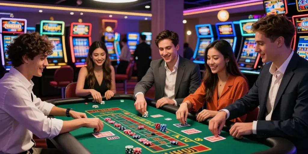 A vibrant casino scene with friends enjoying games and excitement at akunjp.