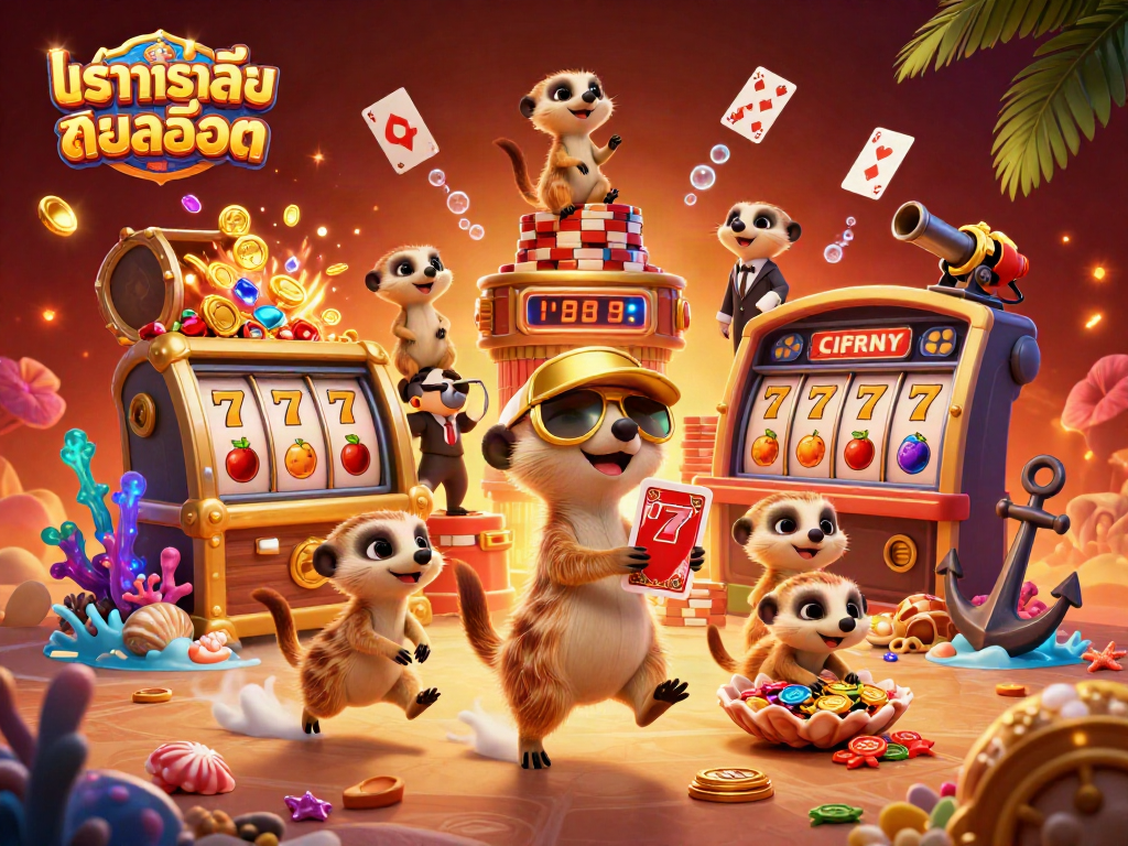 Engage in thrilling ทดลองเล่นสล็อต with a vibrant 3D illustration of meerkats managing a bustling casino.