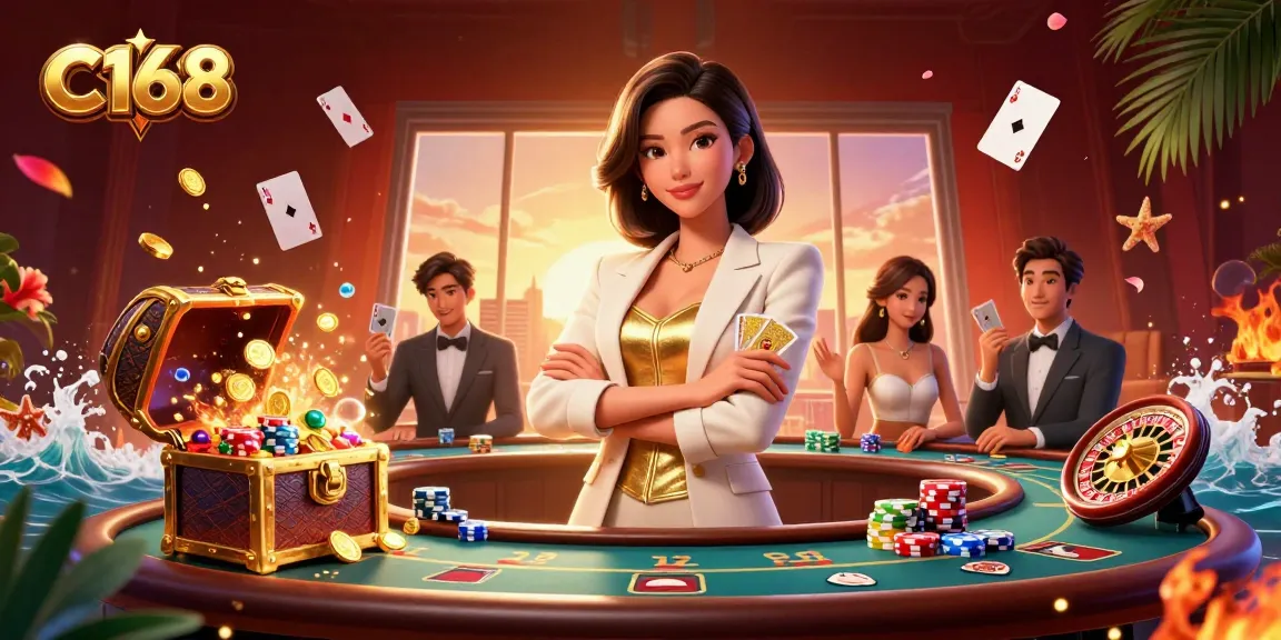 C168 showcases a powerful businesswoman holding golden cards against a vibrant casino backdrop.