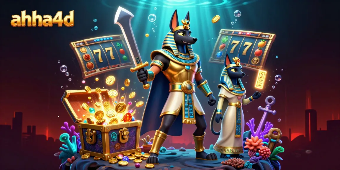 Menangkan hadiah jackpot di ahha4d sambil dikelilingi oleh simbol slot dan harta karun yang bersinar