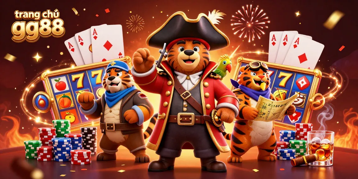 Experience thrilling adventures on trang chủ gg88 with cartoon bear pirate, tiger, and magical elements in a vibrant casino scene.