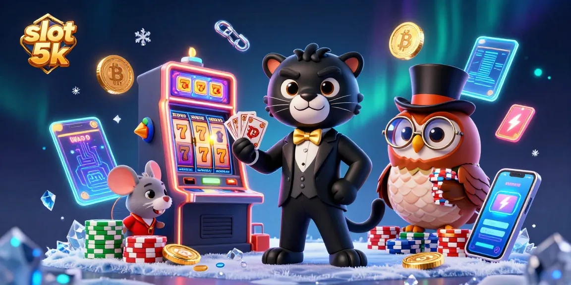Join the excitement of slot 5k gaming with a vibrant scene featuring casino characters and winning elements.