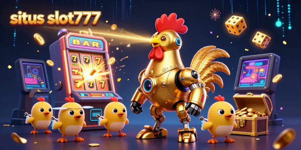 Experience thrilling action with situs slot777 featuring a golden rooster robot shooting beams, surrounded by casino elements.