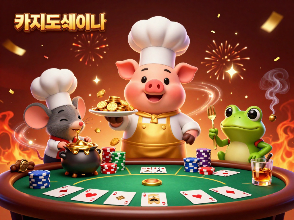 카지노사이트에서 바카라와 포커 테이블을 배경으로 한 요리사와 친구들의 유쾌한 상호작용
