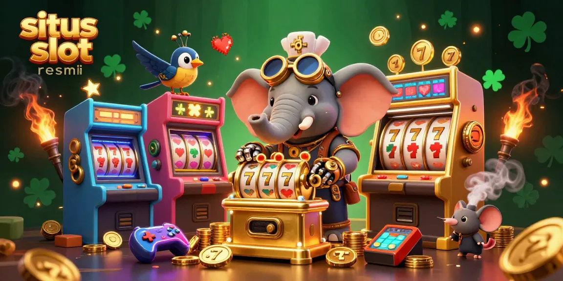 Play and win on situs slot resmi with colorful, vibrant 3D casino elements and steampunk character.