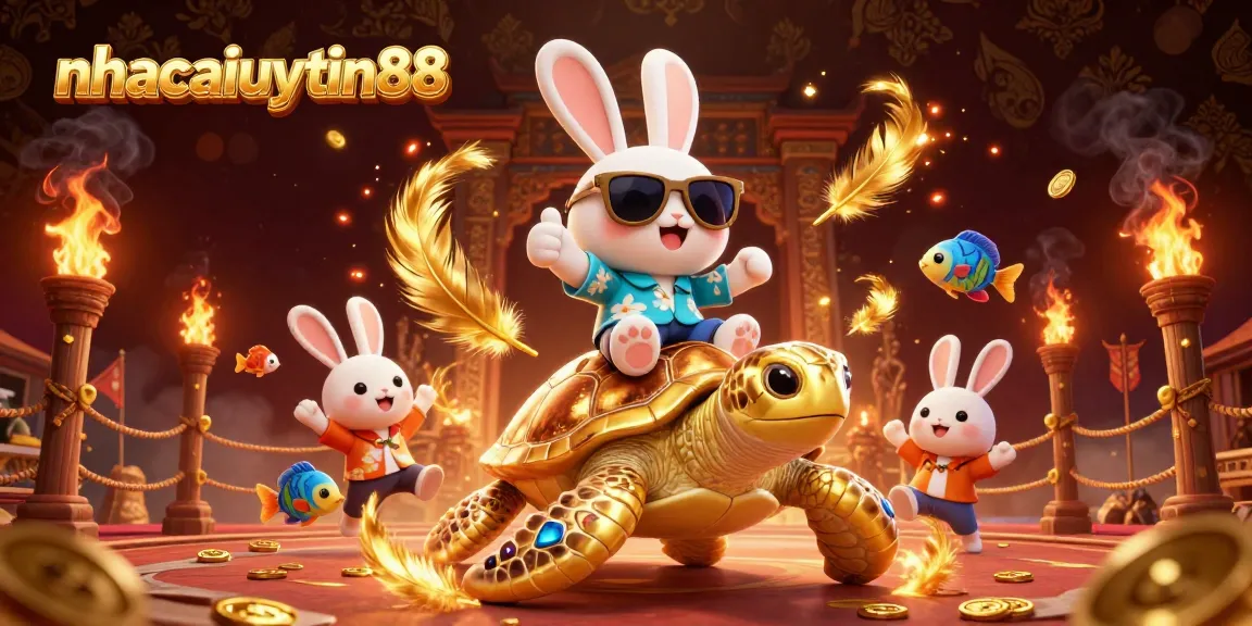 Play and win at nhacaiuytin88 with a vibrant scene featuring an adorable rabbit and a golden turtle.