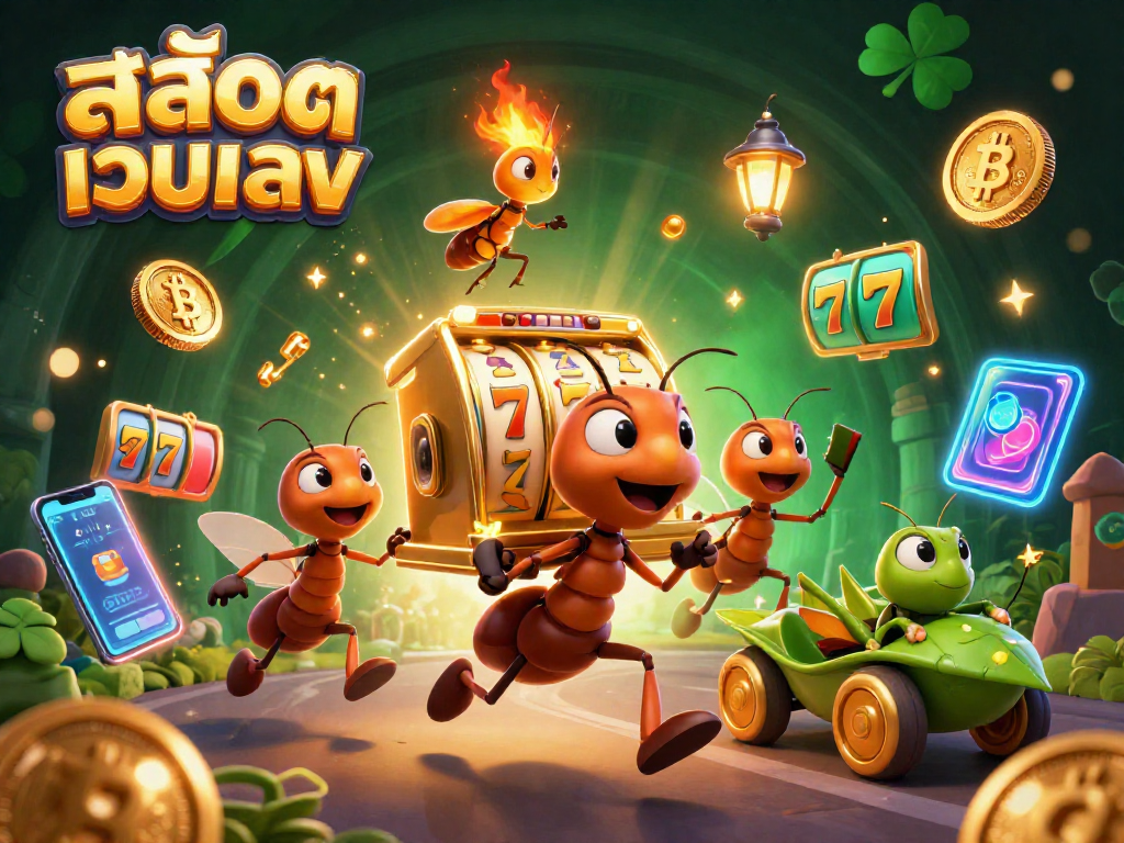 Play สล็อตเว็บตรง with high RTP games in an exciting heist scene featuring ants and lucky charms.