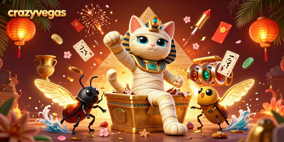 Experience thrilling gameplay at crazyvegas with an Egyptian mummy cat bursting from a sarcophagus surrounded by slot reels.