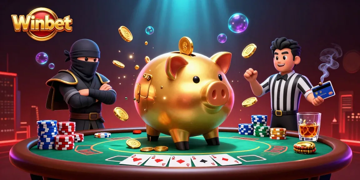 Winbet showcases an energetic scene with a golden piggy bank sumo wrestler amid poker elements.