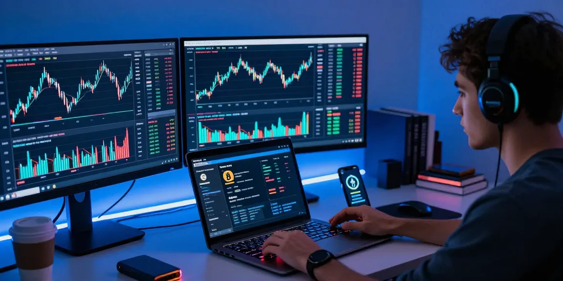 Play exchange focused cryptocurrency trading setup with live Bitcoin and Ethereum charts, showcasing the secure management of digital assets.