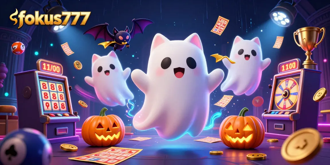 Engage with fokus777 in a thrilling lottery-themed digital illustration featuring animated ghost cat and lottery elements.