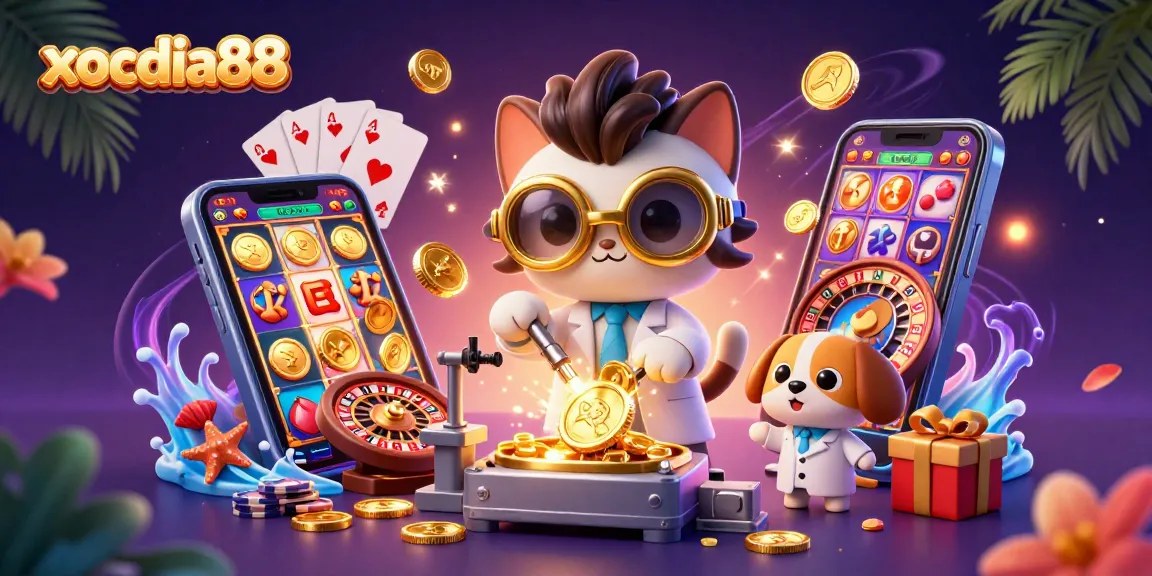 Xocdia88 offers a vibrant casino scene, highlighting exciting games with golden coins and dynamic elements.
