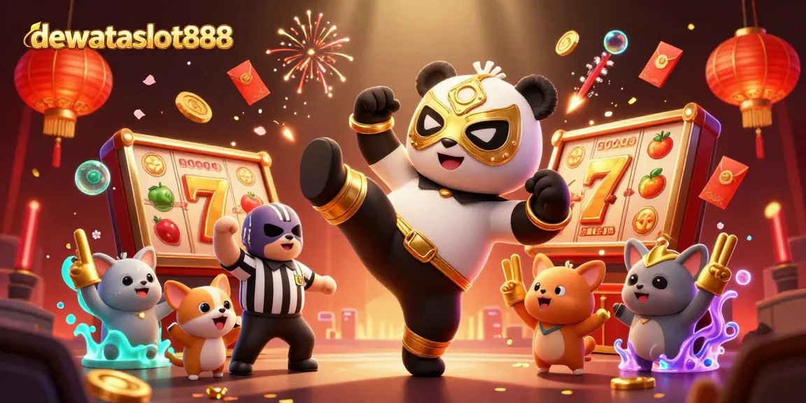 Permainan kartu seru di dewataslot888 dengan panda pegulat terbang dan suasana kasino yang meriah.