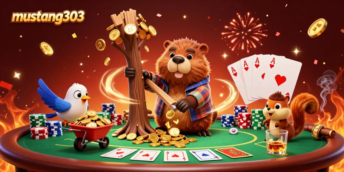 Engage with mustang303’s thrilling poker scene featuring a beaver celebrating with golden coins.