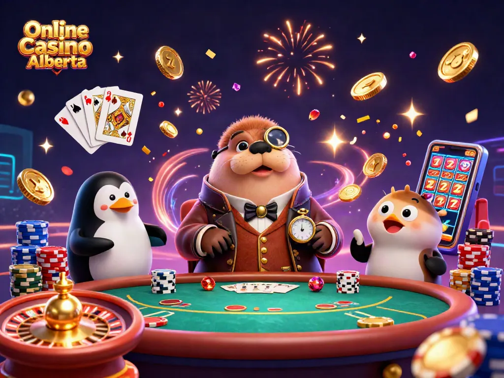 Play engaging casino games at Online Casino Alberta with cartoon walrus, pufferfish, and dealer in a vibrant scene