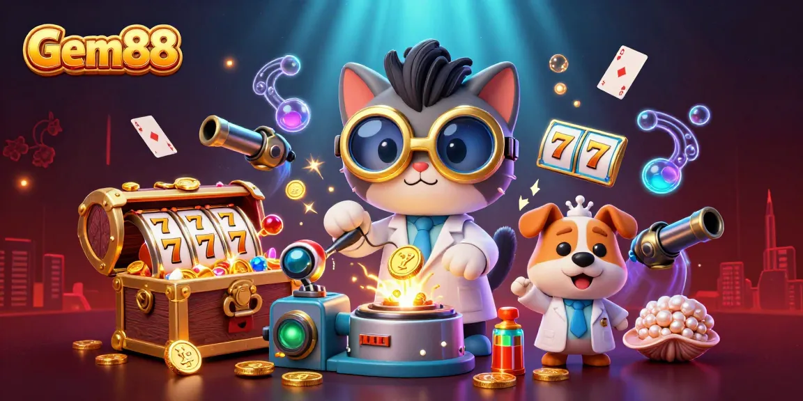 Join the excitement at Gem88 as a mad scientist cat and loyal dog create fun in a vibrant casino world.