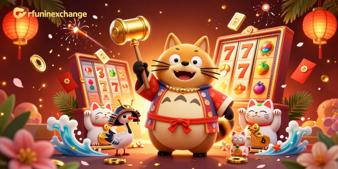 Place your bets with funinexchange in an exciting casino scene featuring slots and fortune cats.