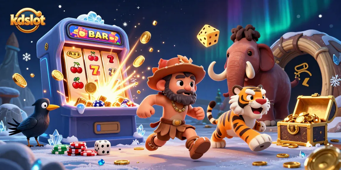 Engage with kdslot in a vibrant prehistoric casino scene featuring dynamic characters and colorful gaming elements.