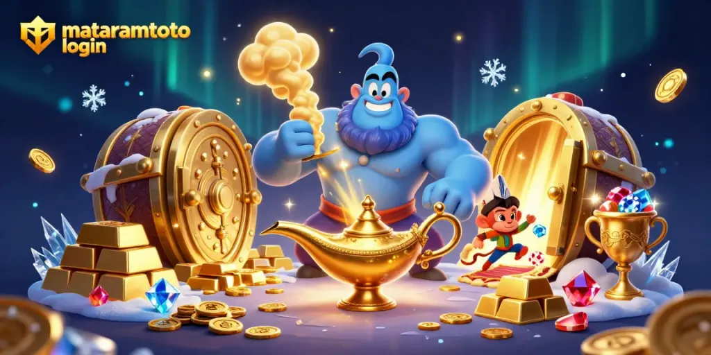 Win big with Mataramtoto login where a genie emerges from a treasure vault amidst sparkling gems.
