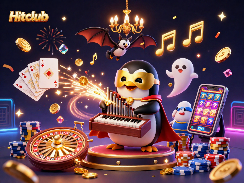 Experience the thrills of Hitclub with a 3D illustration of a phantom penguin in action amidst cascading coins.