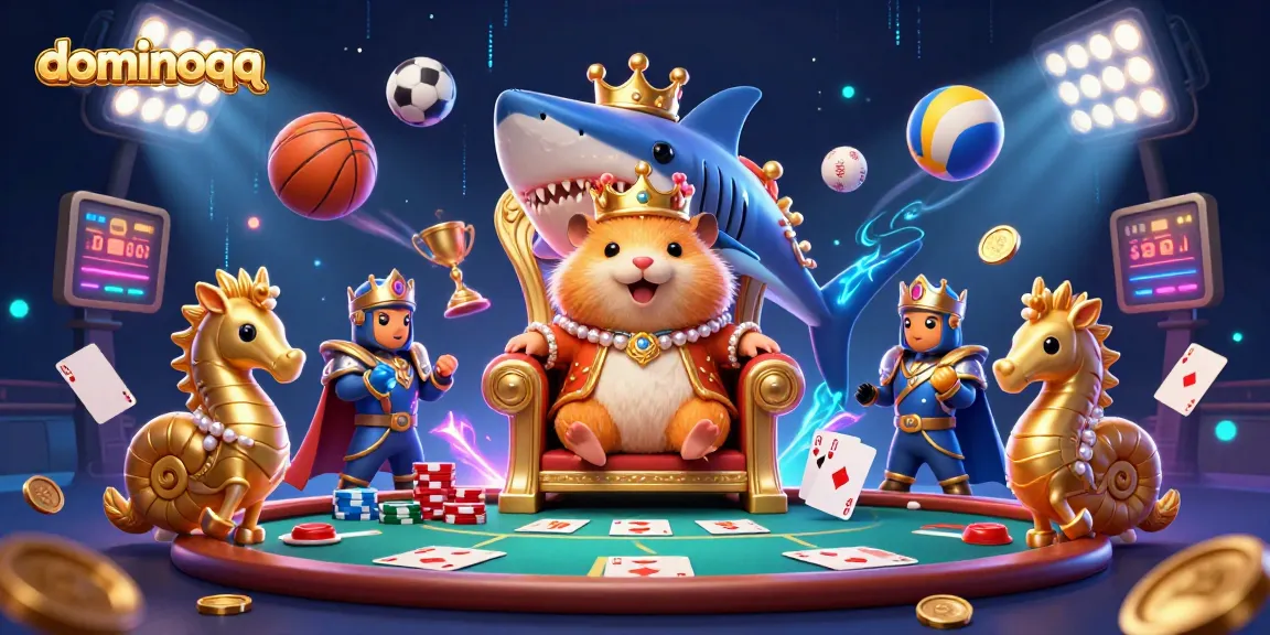 Experience intense dominoqq gaming with a fierce king, vibrant characters, and dynamic sports elements enhancing the fun.