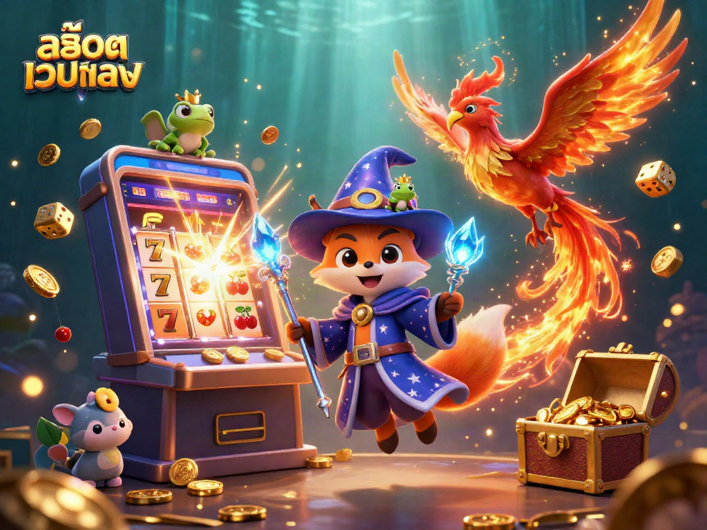 Engage with สล็อตเว็บตรง and magical gaming elements in this vibrant casino-themed 3D illustration.