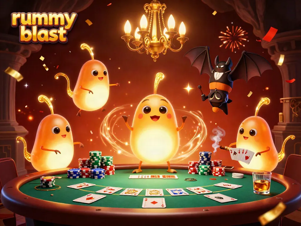 Engage in thrilling gameplay with Rummy Blast in a vibrant casino scene filled with colorful poker elements.
