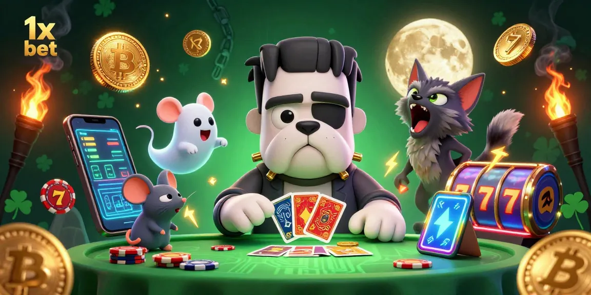 Experience thrilling gambling with 1x bet at a spooky casino table animated by characters and vibrant slot elements.