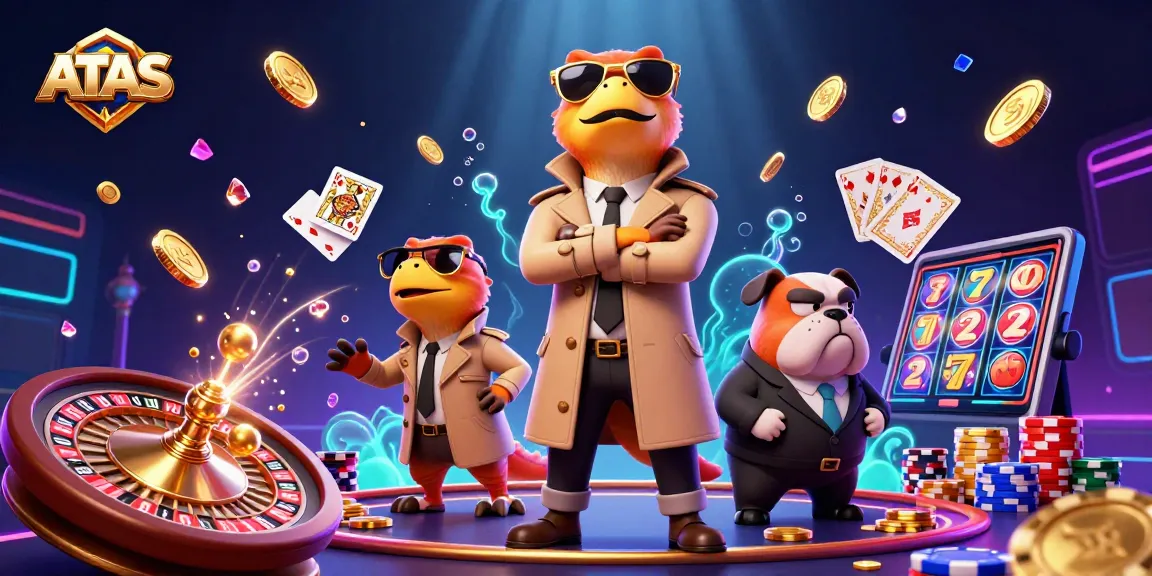ATAS casino scene featuring cartoon raptors sneaking into a VIP lounge while golden coins cascade around them.