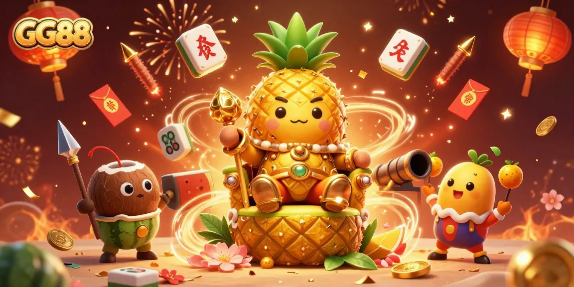 Experience GG88's vibrant casino adventure with golden pineapple king and festive elements amid fireworks and confetti.