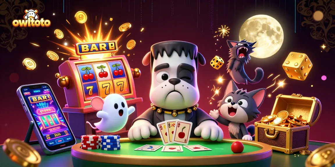 Winning with owltoto: A thrilling casino scene featuring monsters, slots, and jackpots.