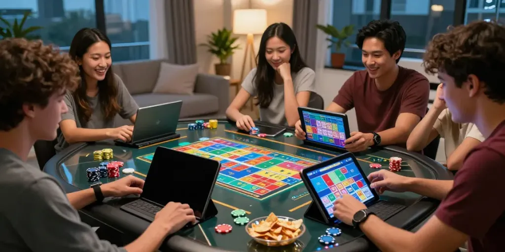 Exciting gameplay moment at unsurtoto gaming table, friends engaged in online Togel.