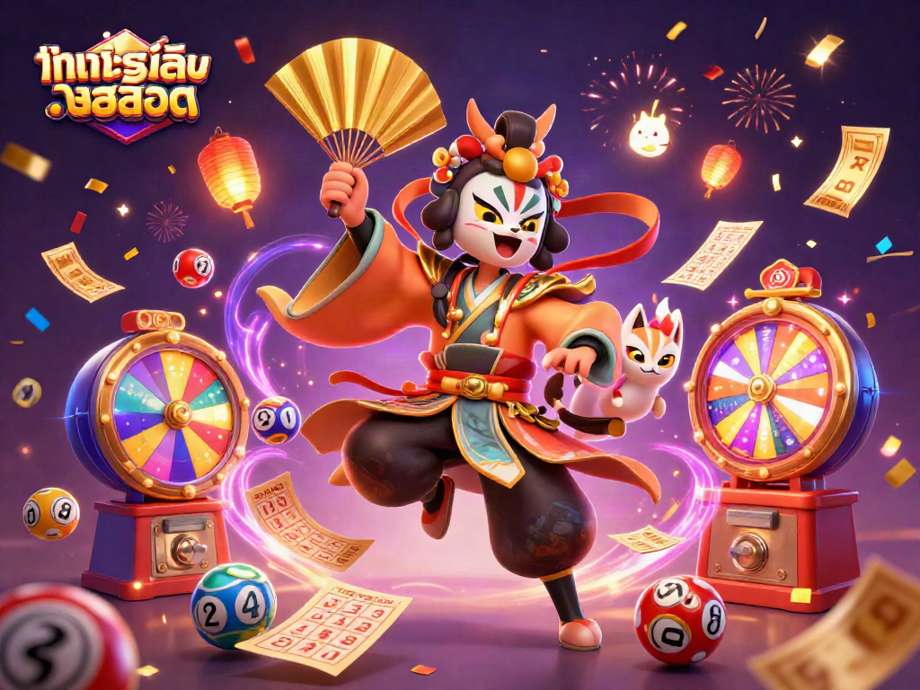 Engage in ทดลองเล่นสล็อต with vibrant lottery balls and festive characters in a dynamic casino scene.